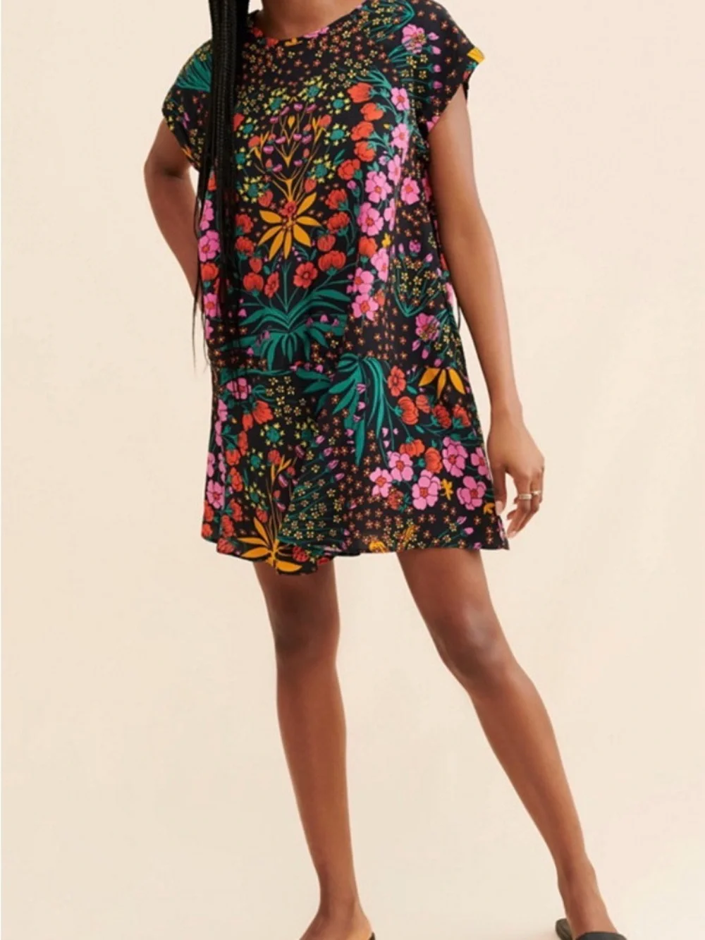 Free People Black Floral Short Sleeve Shift Dress with Pink & Yellow Accents